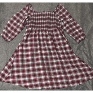 Bloomchic Womens 26 Dress Red Black Plaid Smocked Square Neck Long Sleeve
